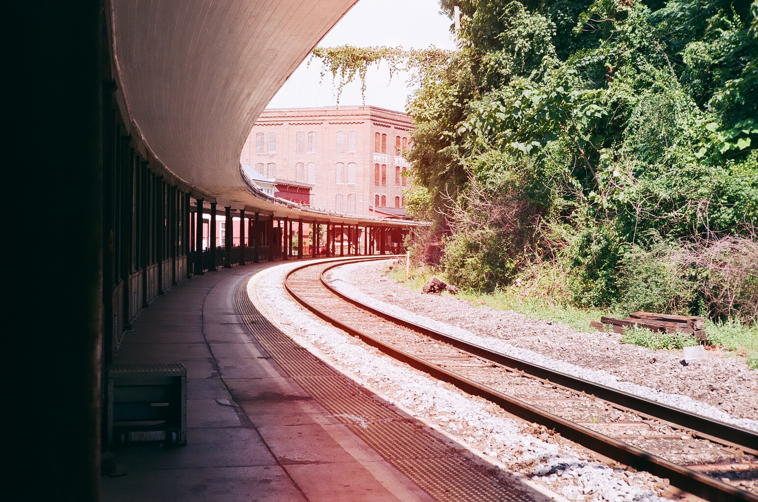 A film photo of a train station